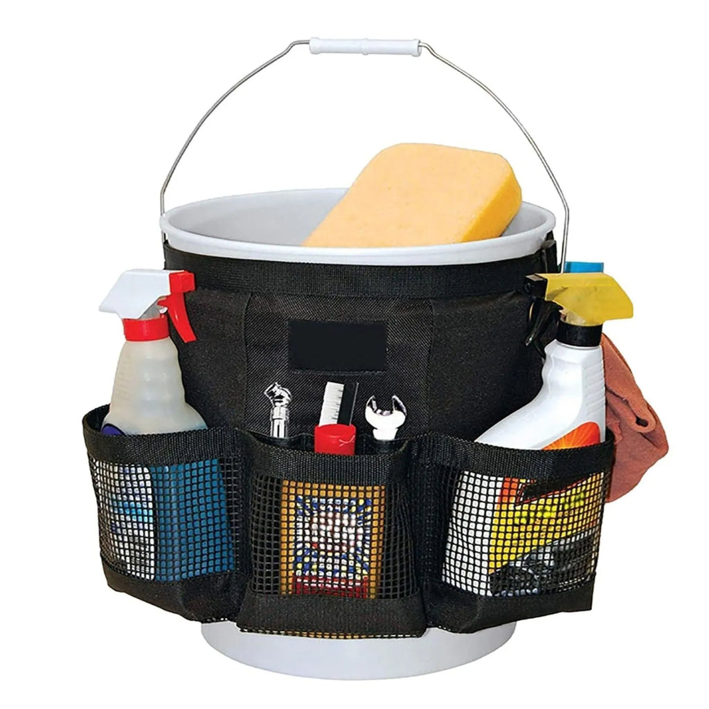 Black cylindrical polyester storage bag hanging from 5 gallon barrel for tool organisation