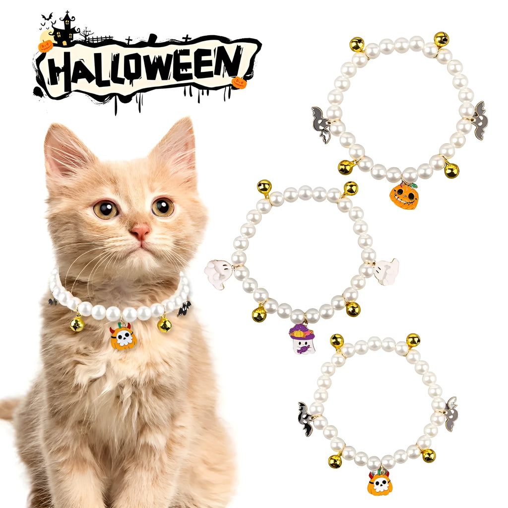 Halloween cat collar with simulated pearl necklace decoration showing pumpkin print patterns