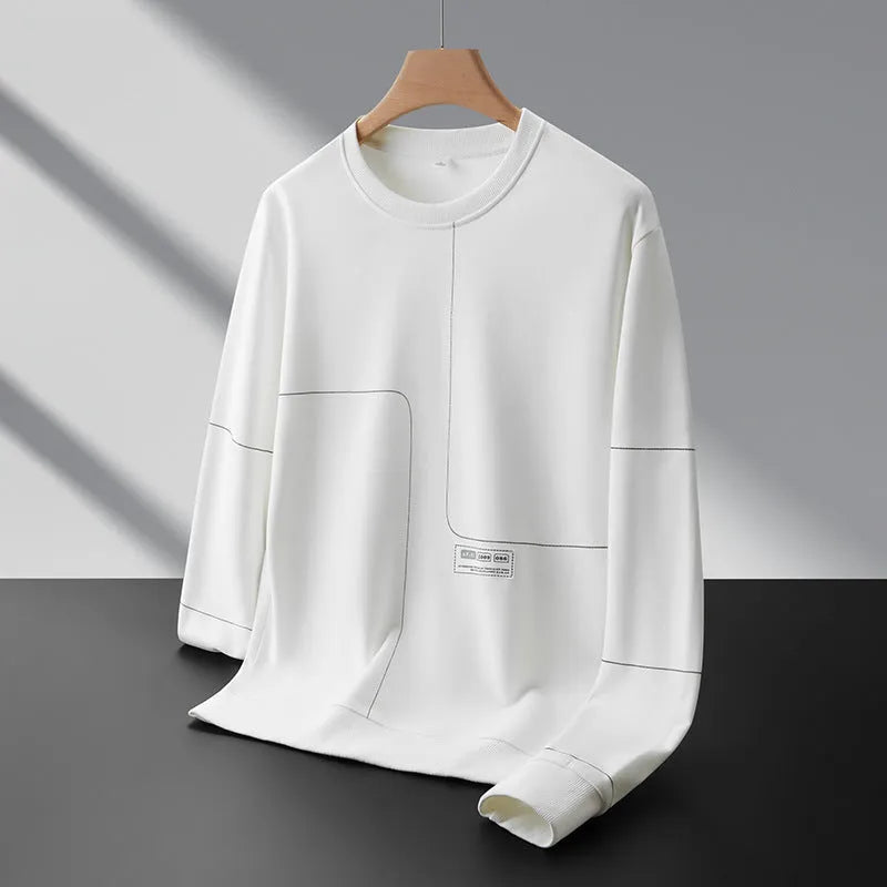 Men's loose round neck cotton stripe pullover sweatshirt with 3D patch pocket, in black, front view