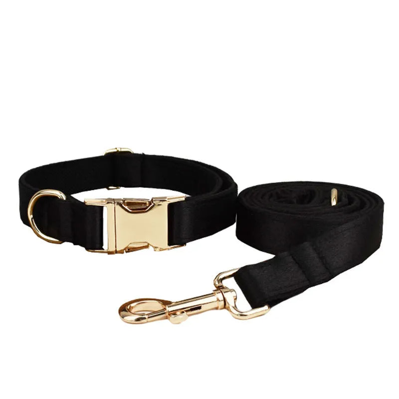 Cloth dog collar, leash, bow, and vest set shown on a model, available in S M L XL sizes.