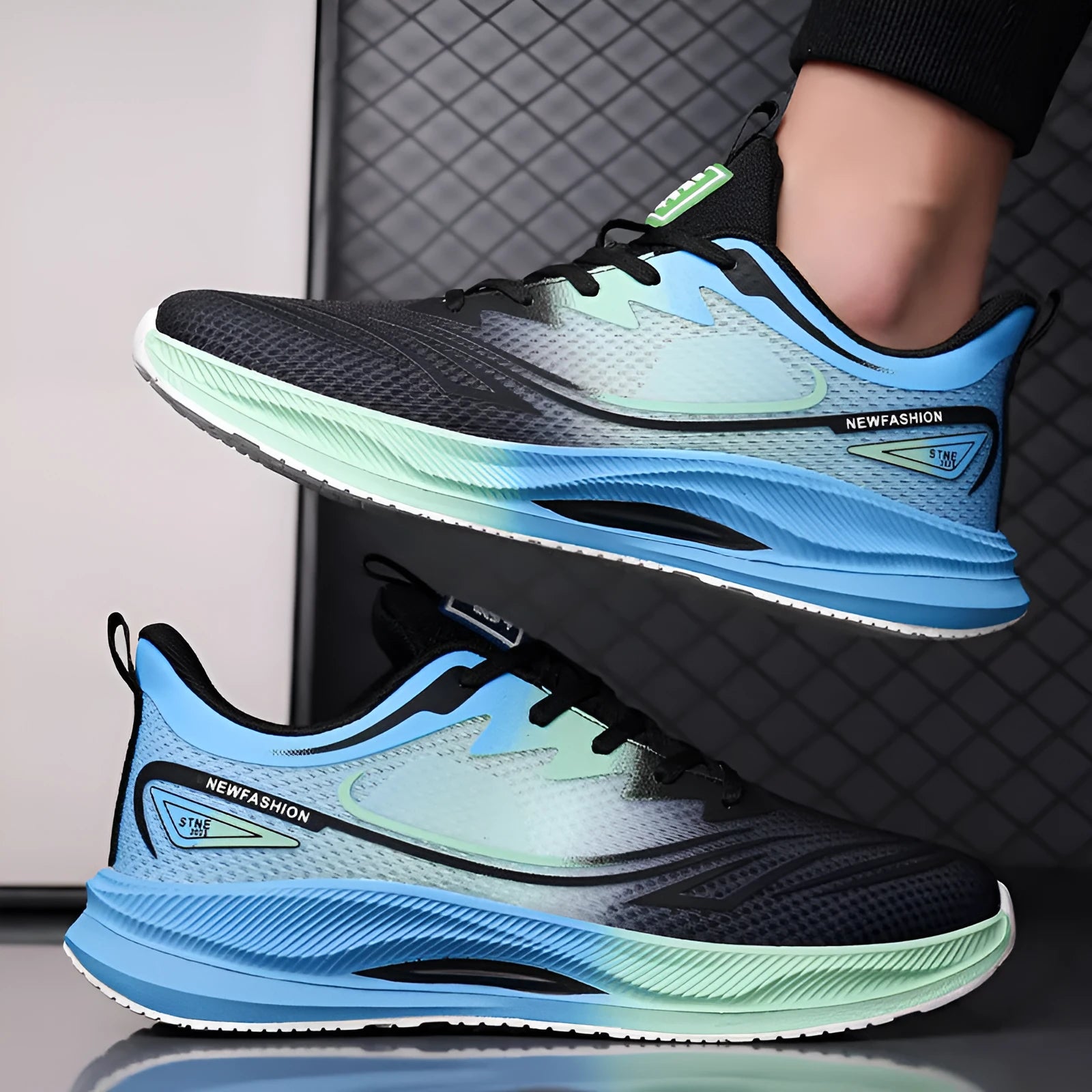 Men's fly woven mesh casual shoes in black blue colour with round toe and slip-resistant rubber sole