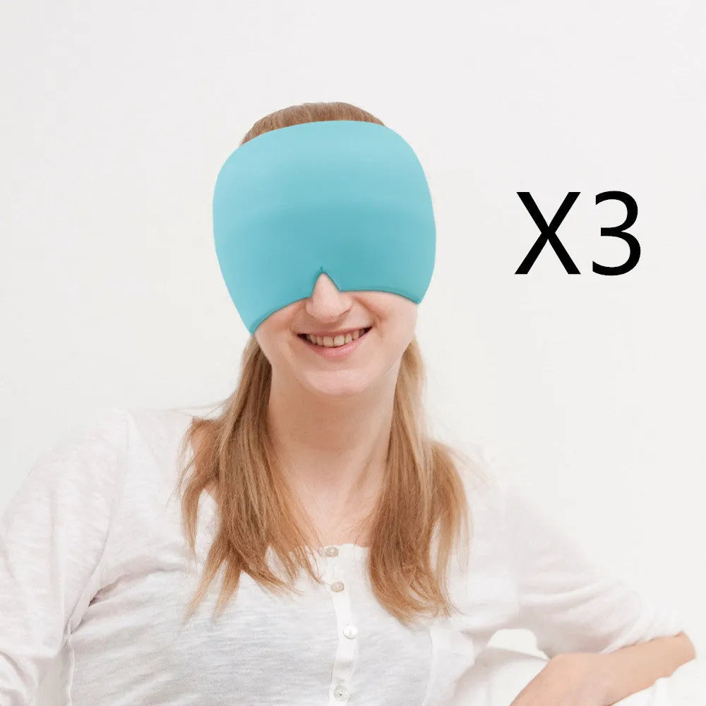Cold therapy gel eye mask for headache relief in black colour on forehead