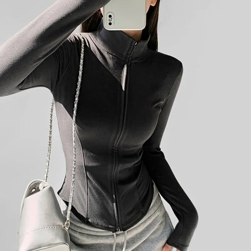 Women's slim fit Dralon zipper cardigan in grey with full zipper and flying sleeves