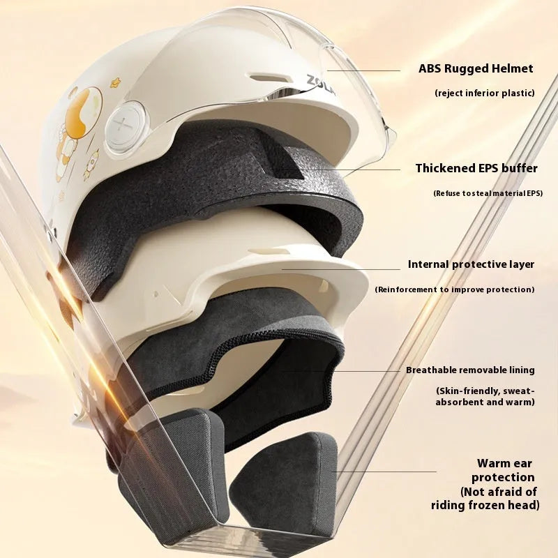 Khaki coloured ABS half helmet for electric motorcycles shown with different lens options.