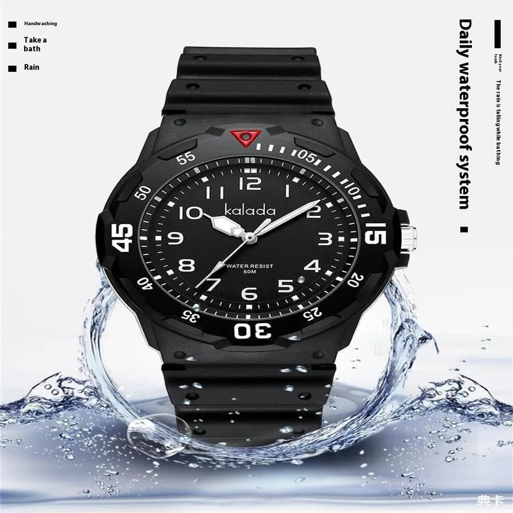 Men's sports luminous pointer quartz watch with black dial and sports bracelet
