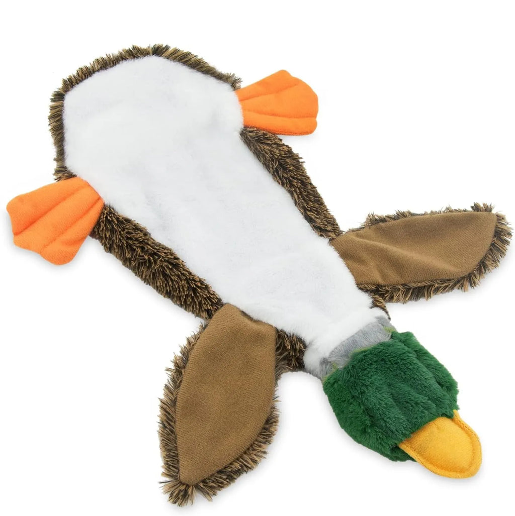 Green wild duck stuffless squeaky dog toy with soft plush fabric and dual squeakers
