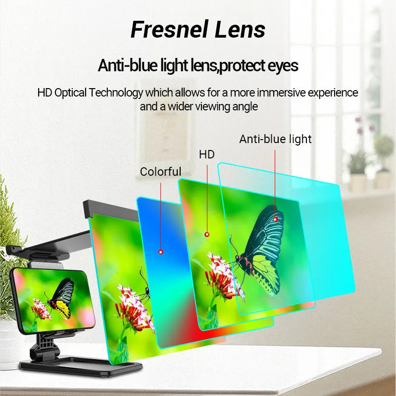 Black foldable mobile phone screen magnifier with detachable phone holder on a desk