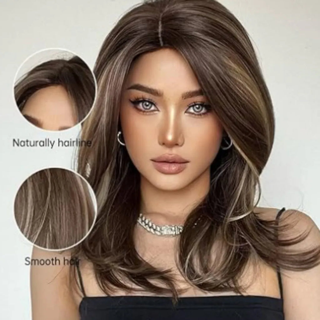 Mid-length platinum gradient curly wig with long bangs in high-temperature fibre.