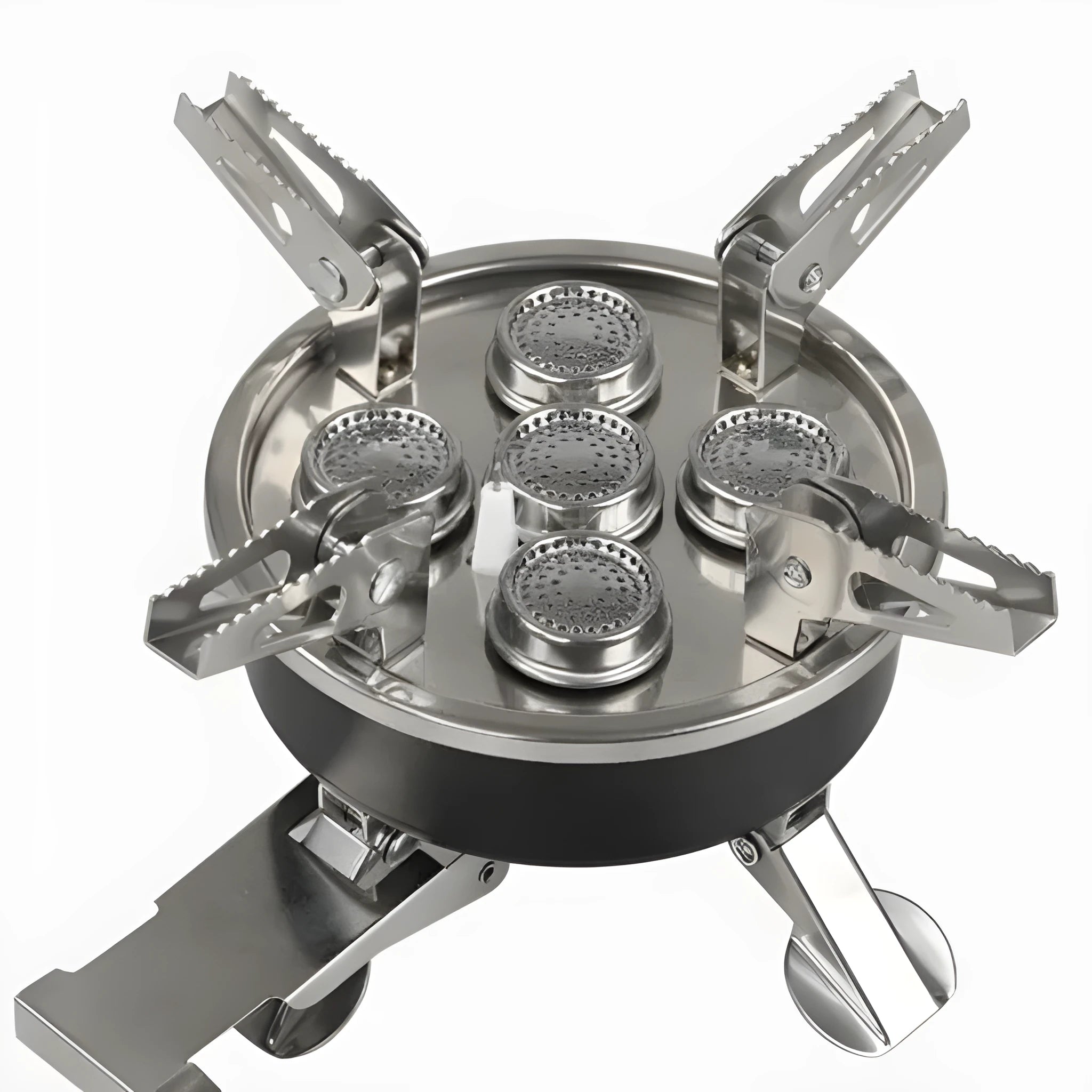 Silver portable folding camping gas stove made of stainless steel and copper with a long black hose.