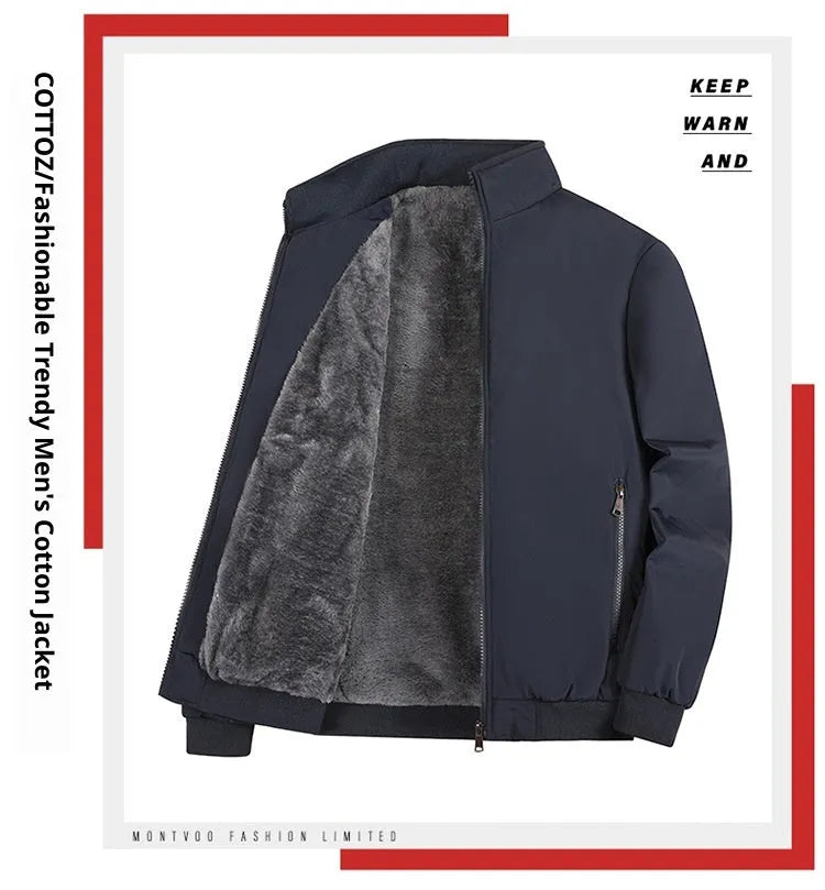 Men's winter thickening polyester padded coat in black, casual oversized fit, front view