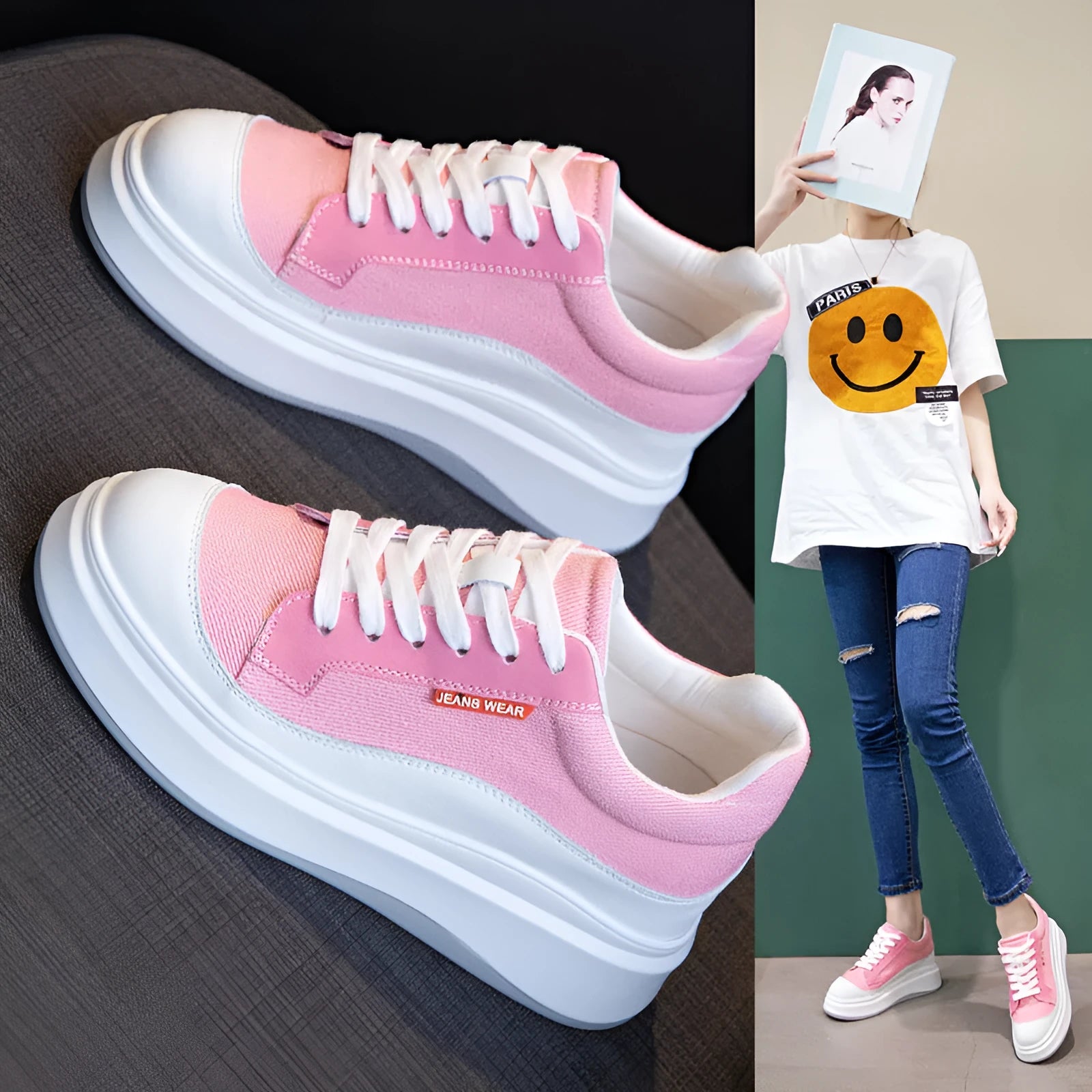 Women's beige and pink cowhide leather board shoes with thick soles for height increase.