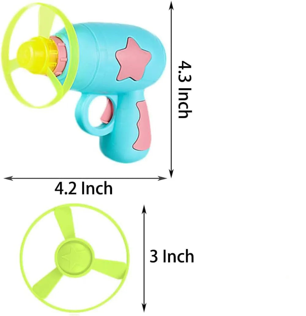 Blue plastic cat toy gun with spinning frisbee for indoor feline entertainment