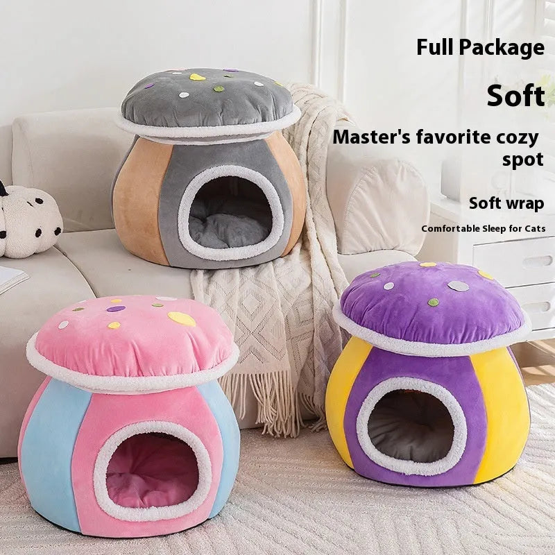 Purple mushroom-shaped plush cat bed for small pets on a grey background.