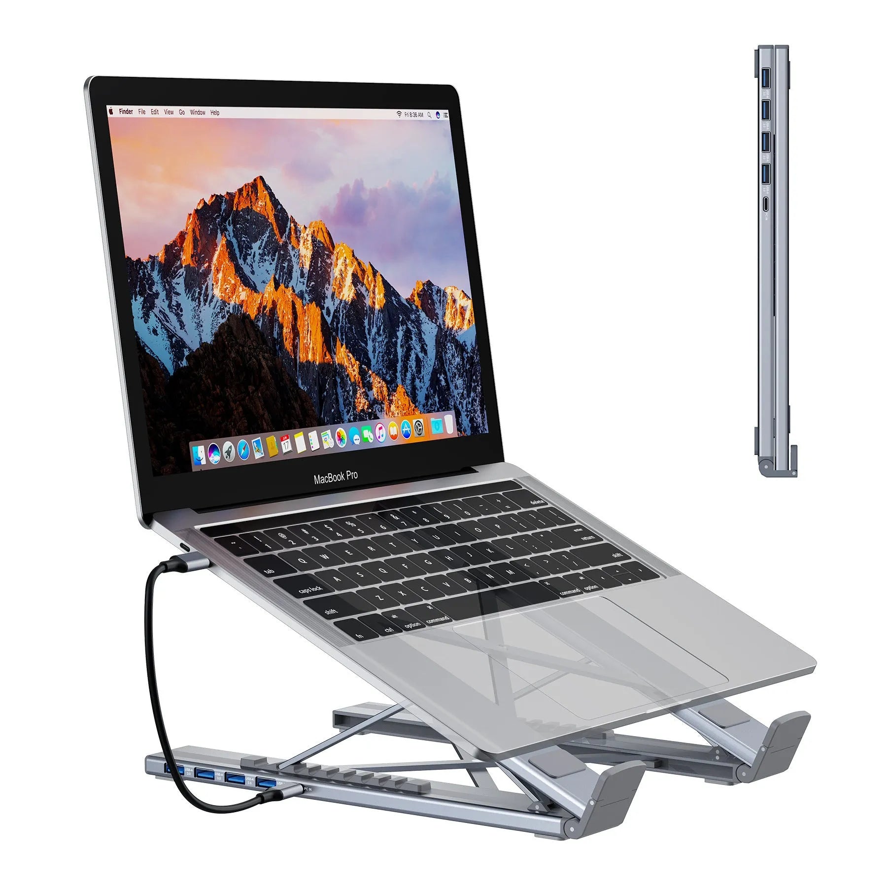 Aluminium alloy laptop docking station stand with 8-in-1 hub ports and folding design
