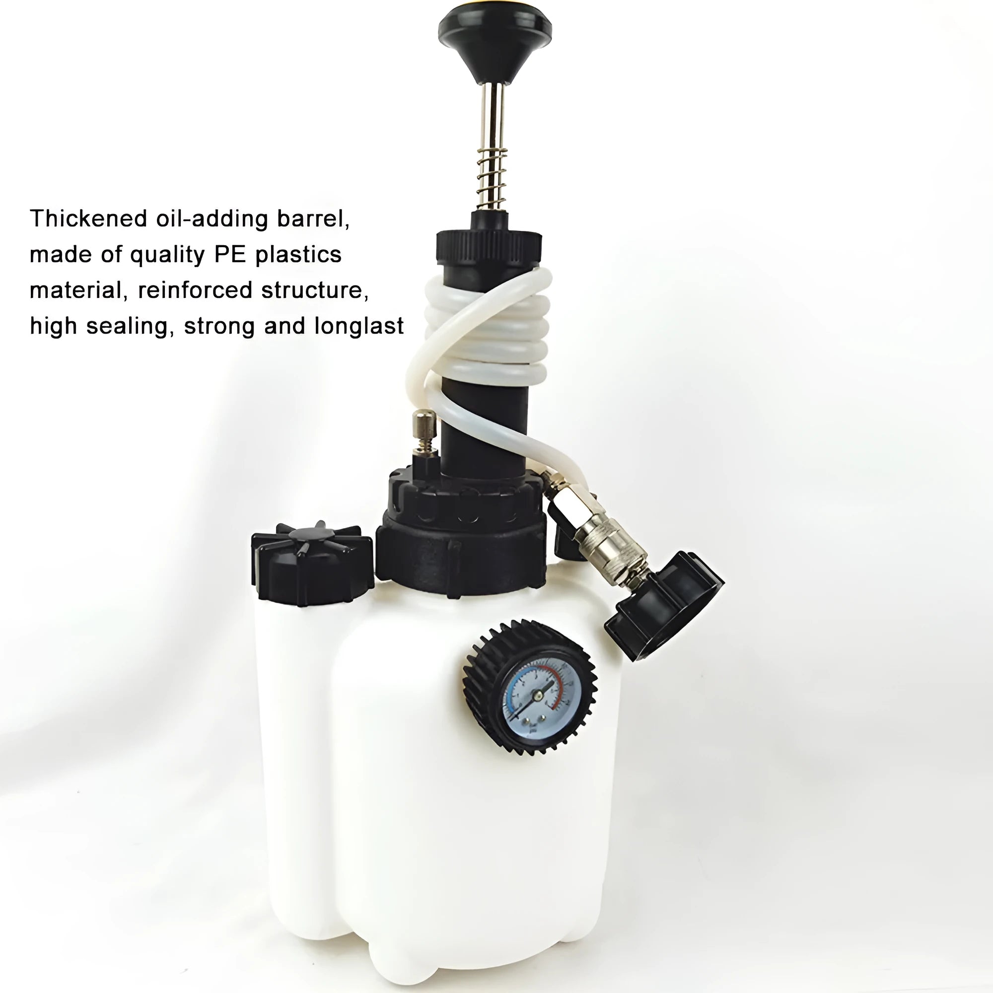 White 3-litre brake oil tank replacement tool with copper and iron components for automotive maintenance