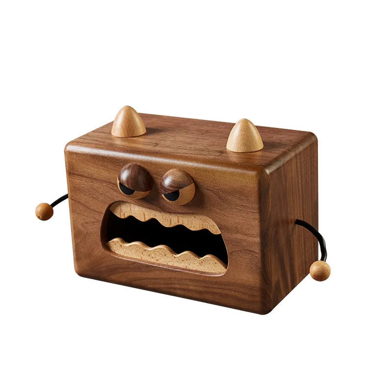 Wooden cartoon little monster tissue box in walnut beech colour, 190x104x125mm dimensions