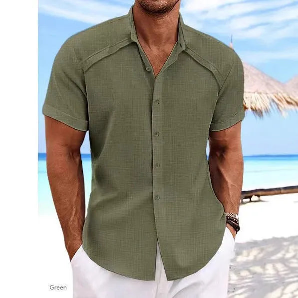 Hawaiian casual short sleeve solid colour cotton blend shirt in matcha green on a hanger