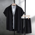 Men's white cotton blend jacquard short sleeve shirt with matching shorts casual suit