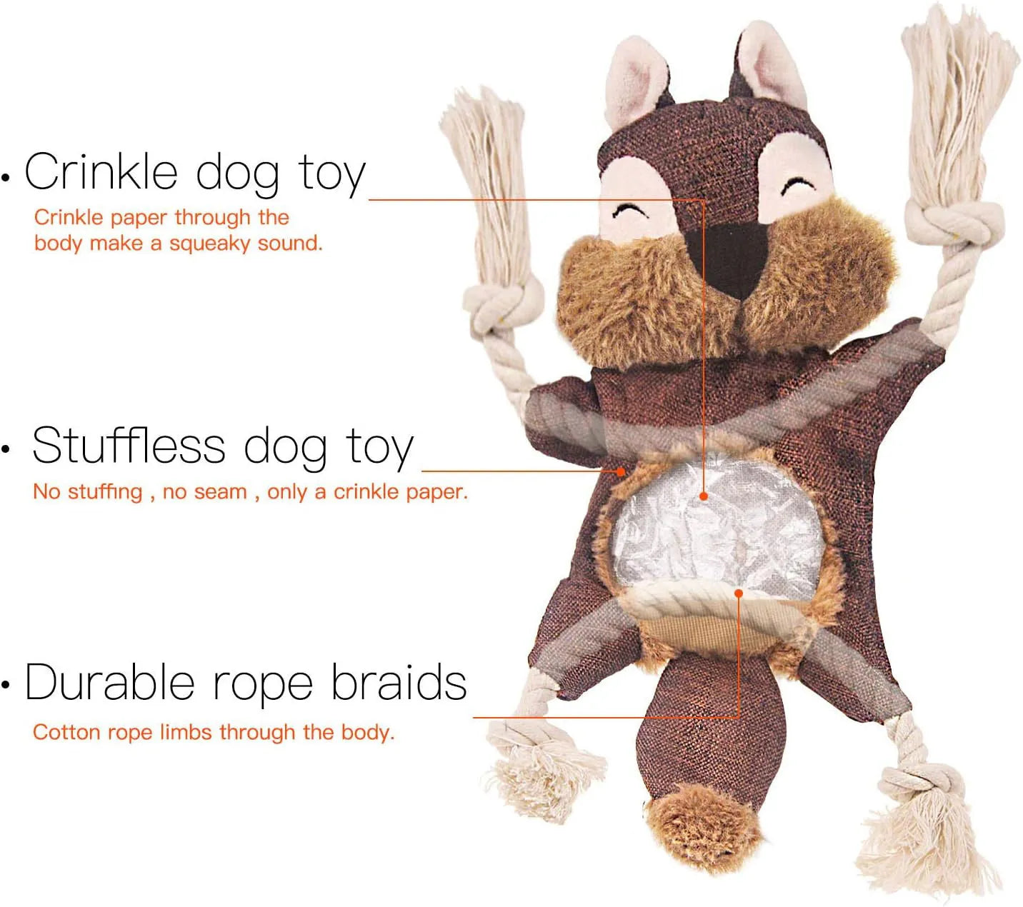 Brown plush fox dog toy with embroidered eyes, rope in limbs, for puppies and small dogs