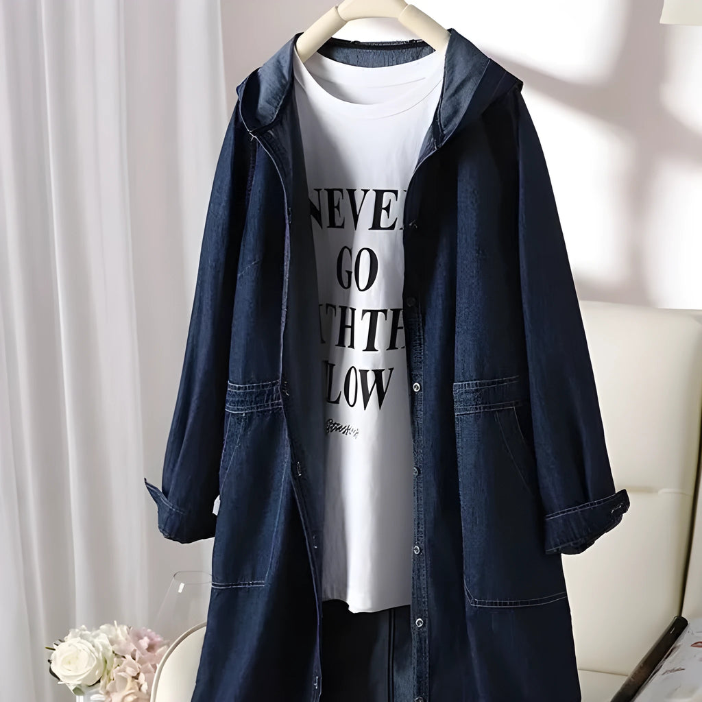 Long sleeve solid colour hooded denim top with large pocket in light blue front view