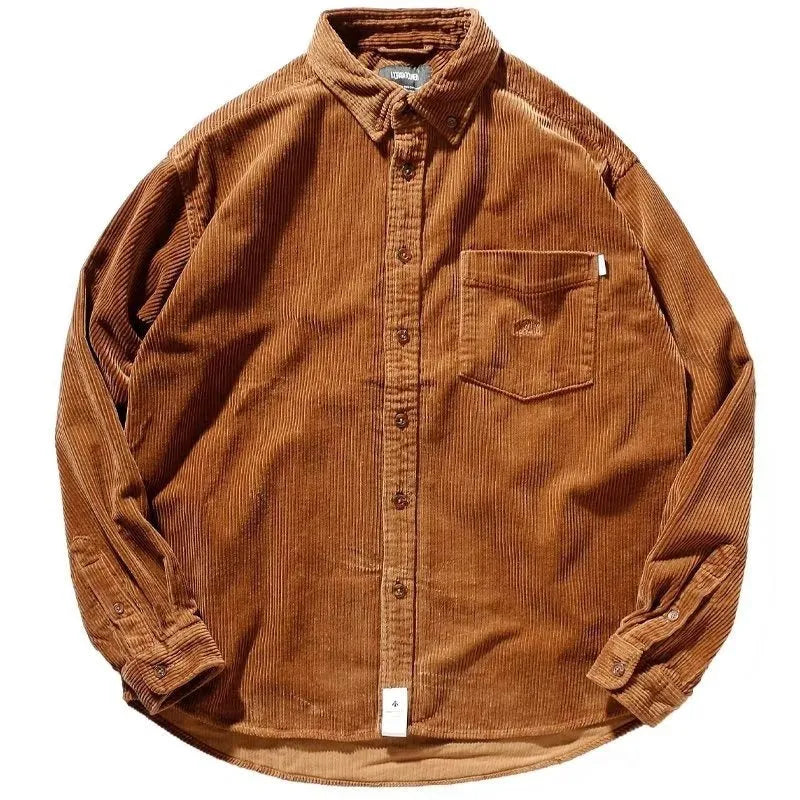 Caramel corduroy Hong Kong style loose fit cardigan shirt on hanger