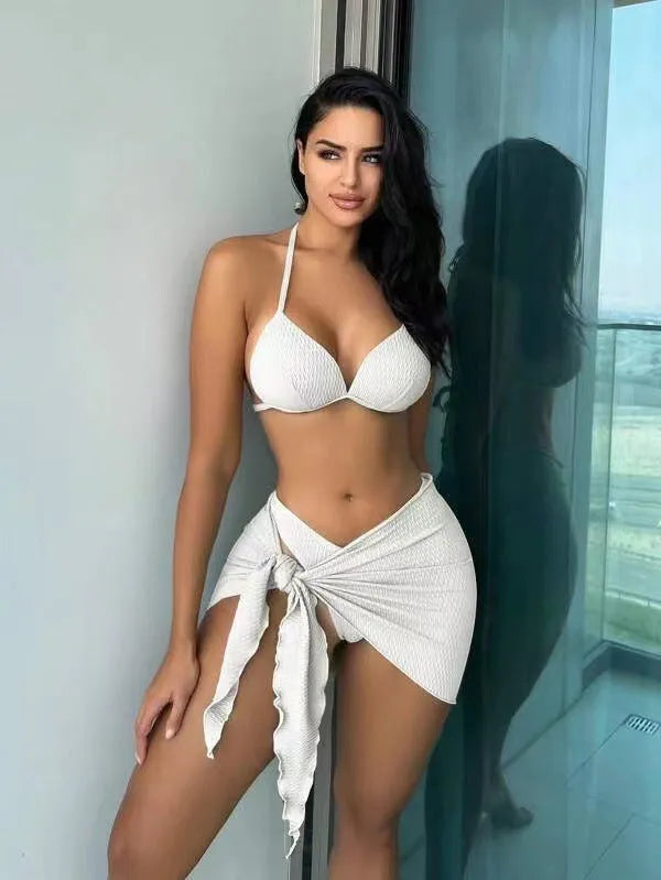 Women's three-piece swimsuit set with a split skirt in high elasticity polyester fabric