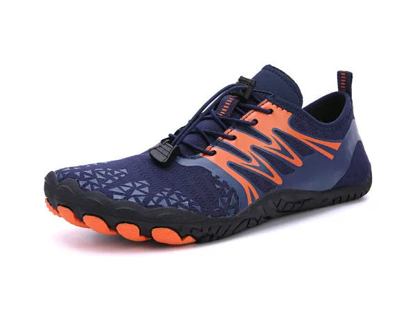 White lace-up sports upstream shoes with breathable gauze lining and textured non-slip rubber sole.