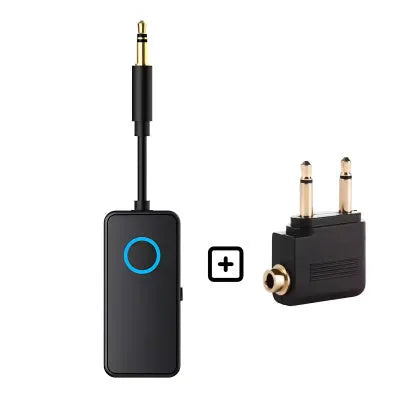 Black Bluetooth 5.4 audio adapter with a 3.5mm aux plug for wireless sound receiving and transmitting.