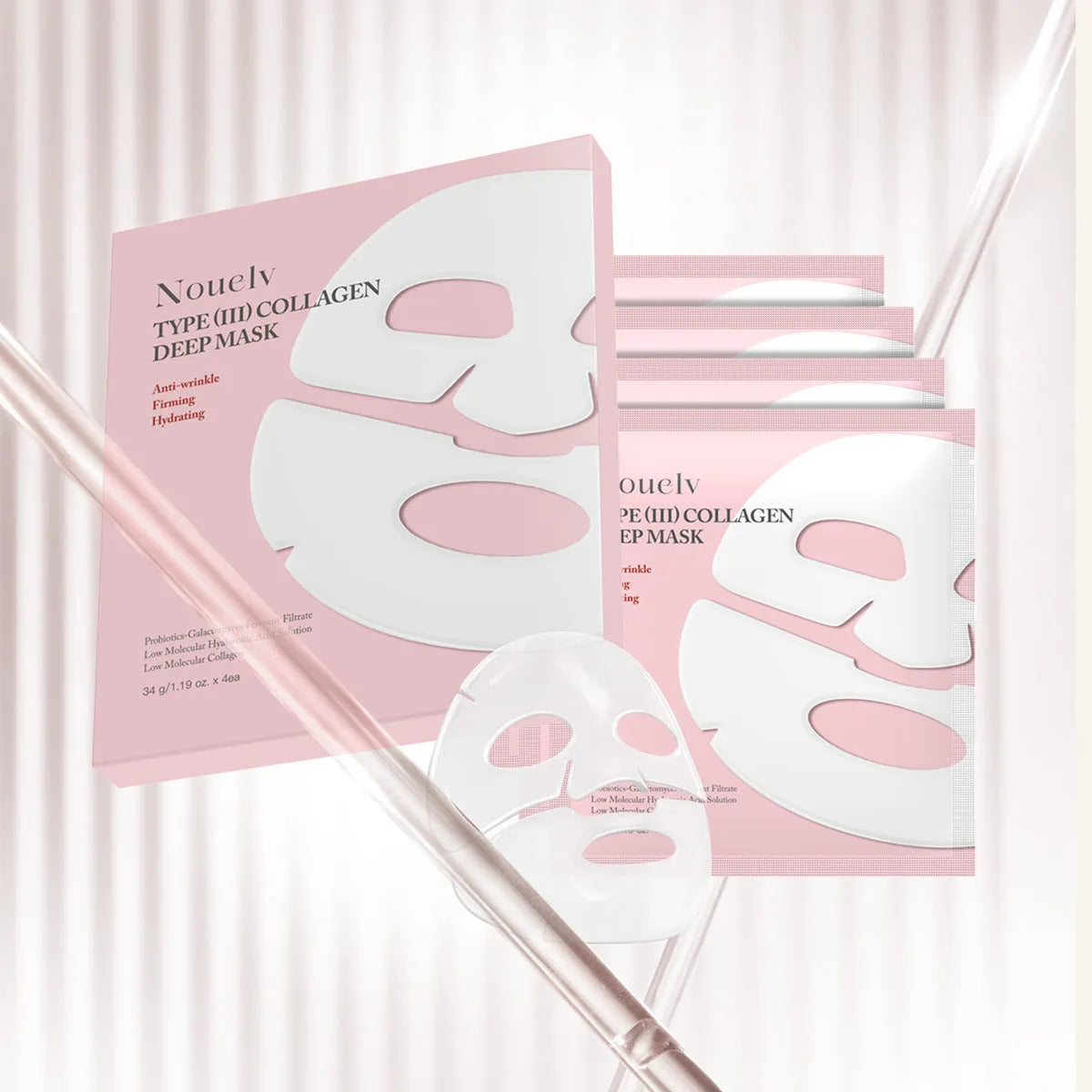 Box of four collagen layered patch face masks for moisturising and rejuvenating skin.