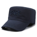 Men's flat-top peaked cotton cap in army green with adjustable strap and English letter detail