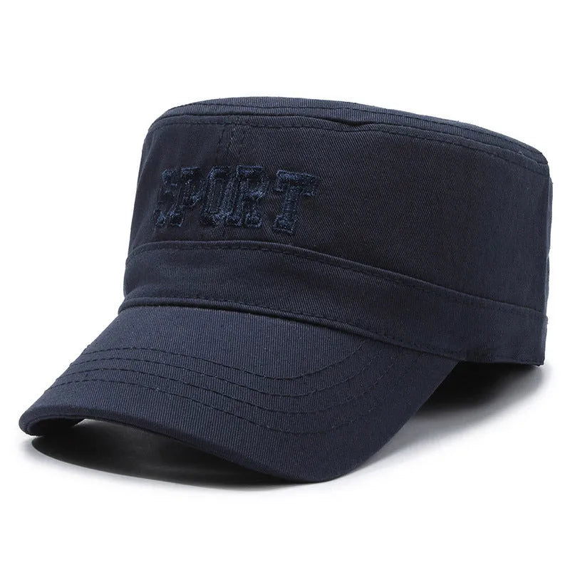 Men's flat-top peaked cotton cap in army green with adjustable strap and English letter detail