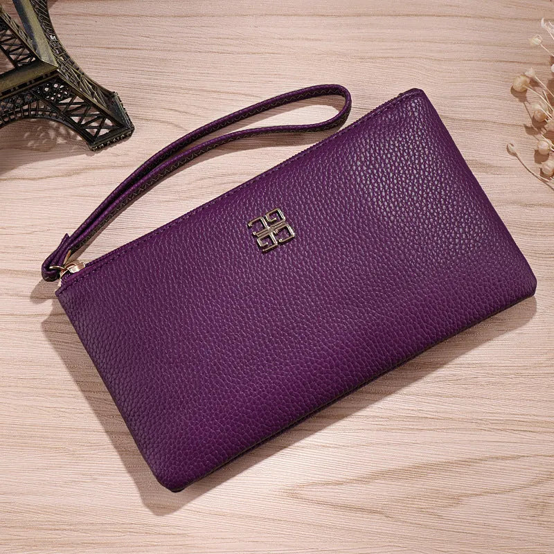 55-inch long PU leather phone wallet zipper handbag in solid colour with sewing line detailing
