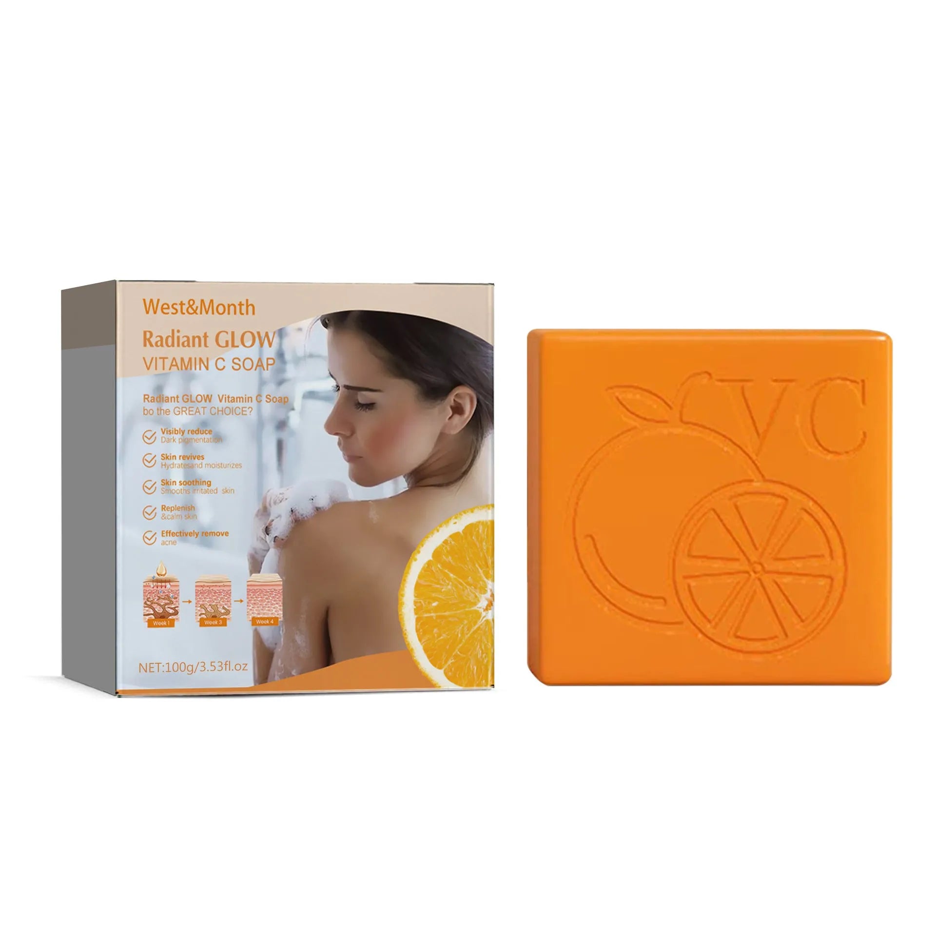 100g bar of whitening vitamin body care soap with Kojic Acid and plant extracts.