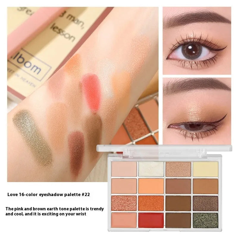 16 colours eye shadow plate with shimmer and matte finishes in multiple shades including pink and brown