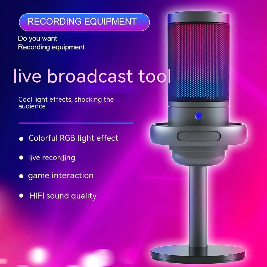 Condenser microphone with RGB lighting in black, white, or pink colours for USB computer recording.