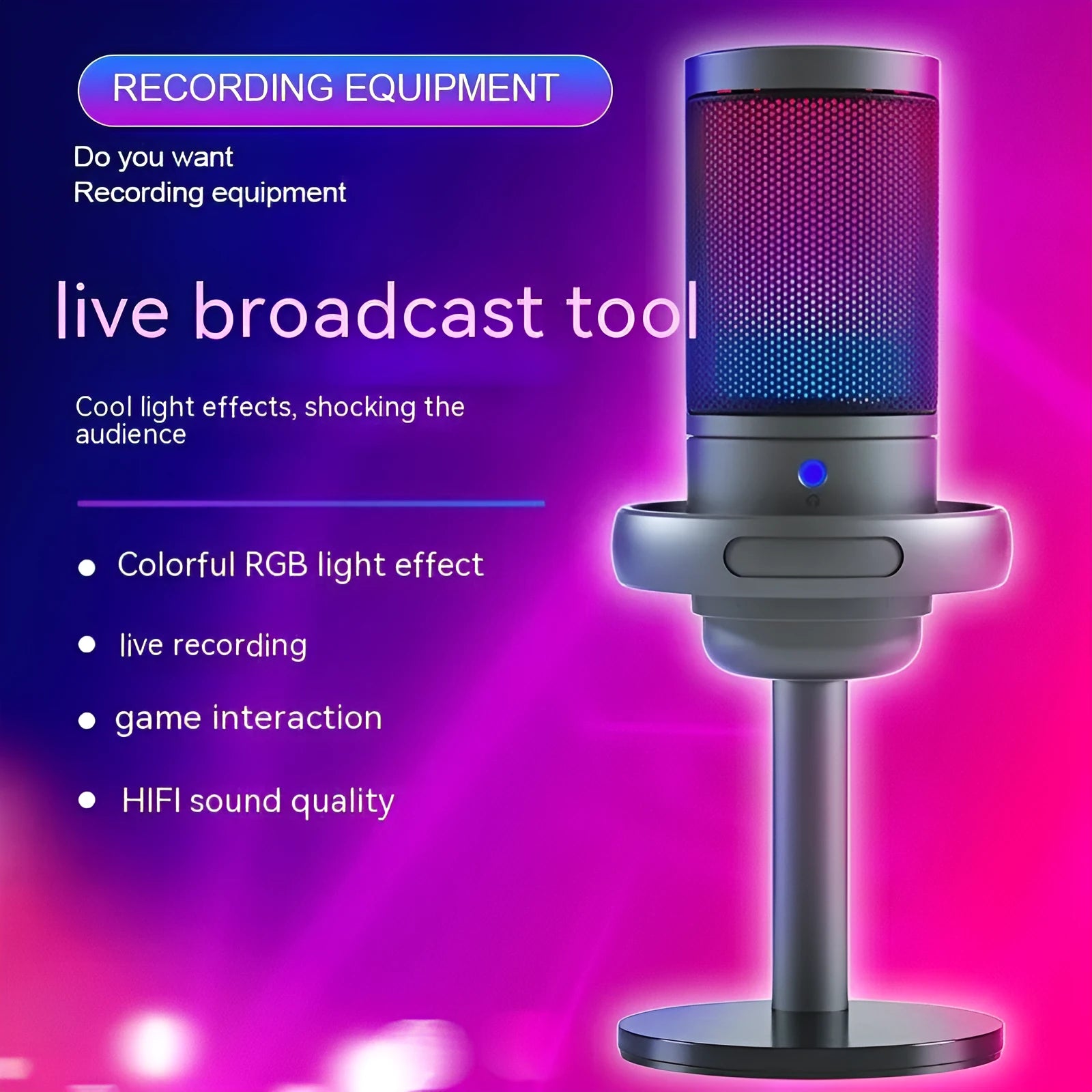 Condenser microphone with RGB lighting in black, white, or pink colours for USB computer recording.