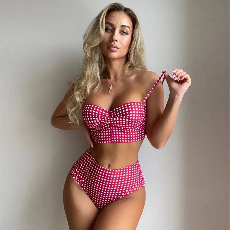 Women's plaid high waist bikini swimsuit in rose red, shown as a two-piece set.