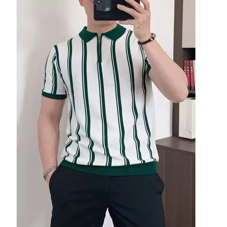 Men's black Korean style vintage stripe T-shirt with zipper half sleeves and cartoon pattern