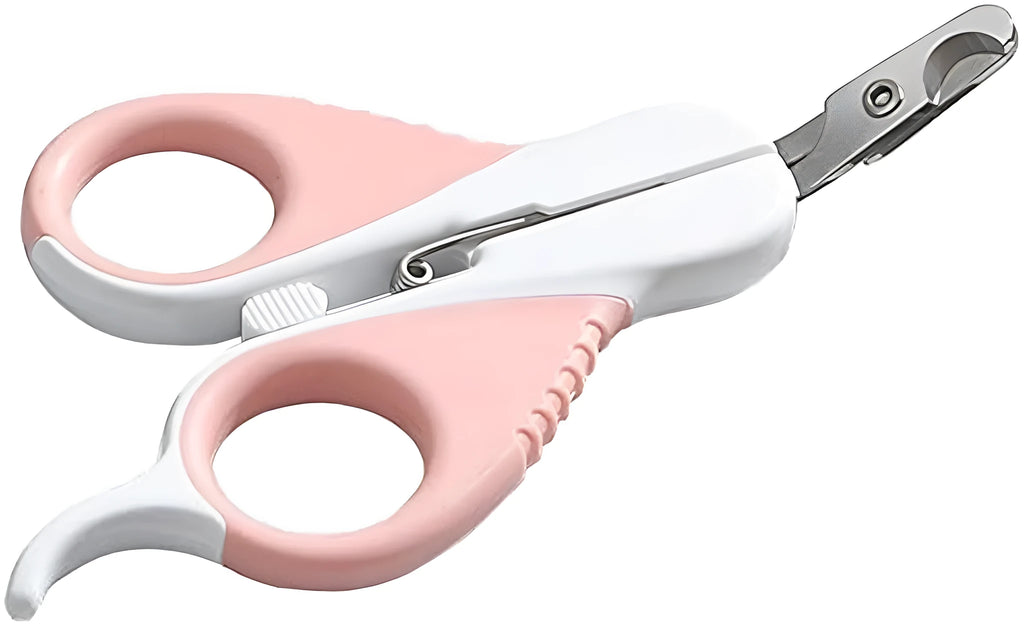 Grey and pink angled blade cat nail clippers with safety guard and non-slip handles for small pets.