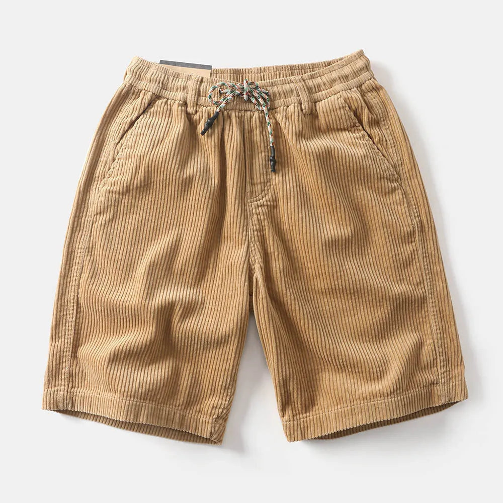 Men's khaki retro American-style cargo shorts with straight-leg cut on mannequin