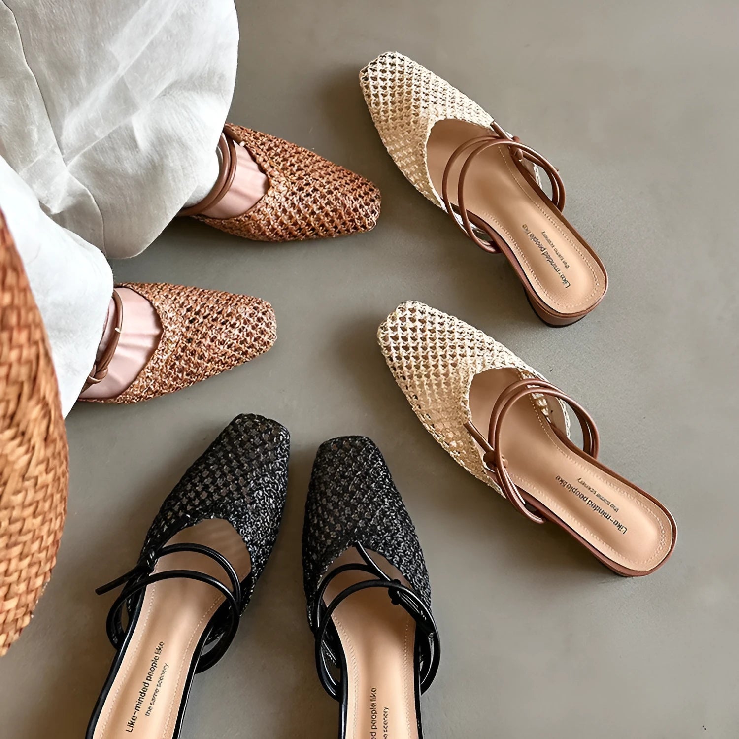 Women's French style square toe slippers with chunky heel in black, white and brown colour options