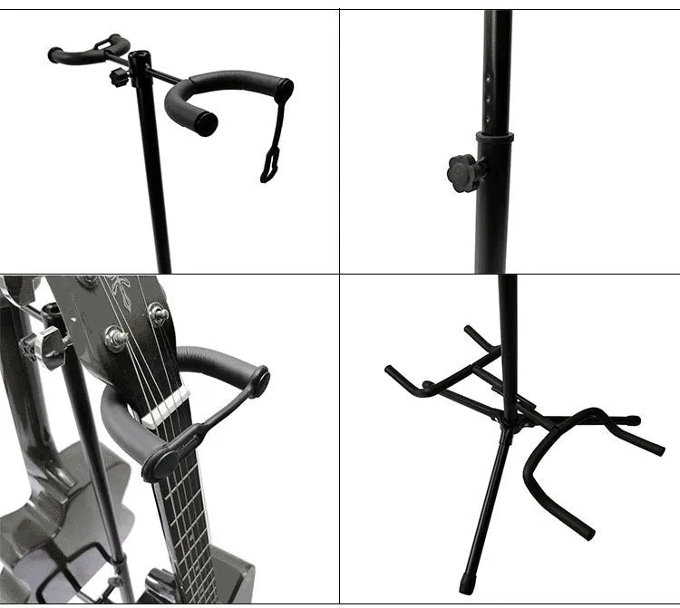 Black vertical double-headed adjustable guitar stand holding two instruments
