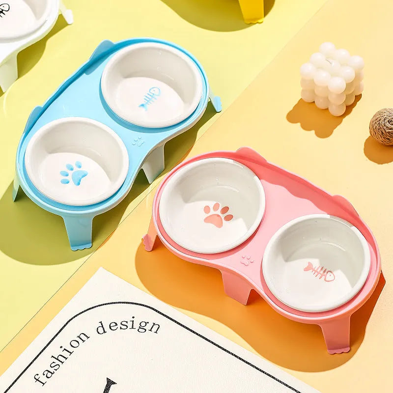 Ceramic cat bowl set with elevated tilted design on ABS stand, blue colour option
