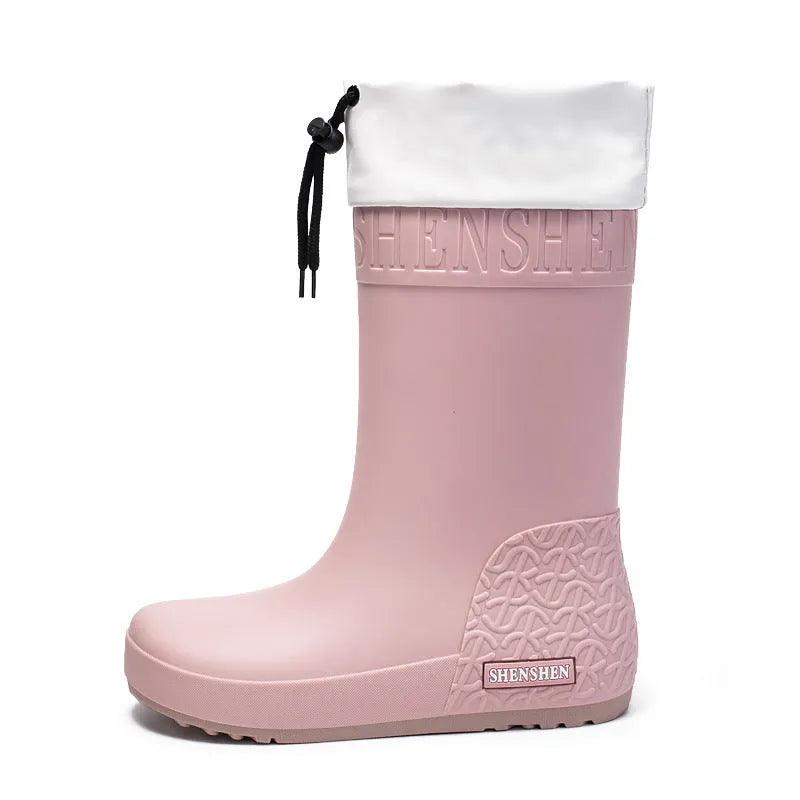 Women's PVC rain boots in apricot, black, brown and pink colours with non-slip wear-resistant construction