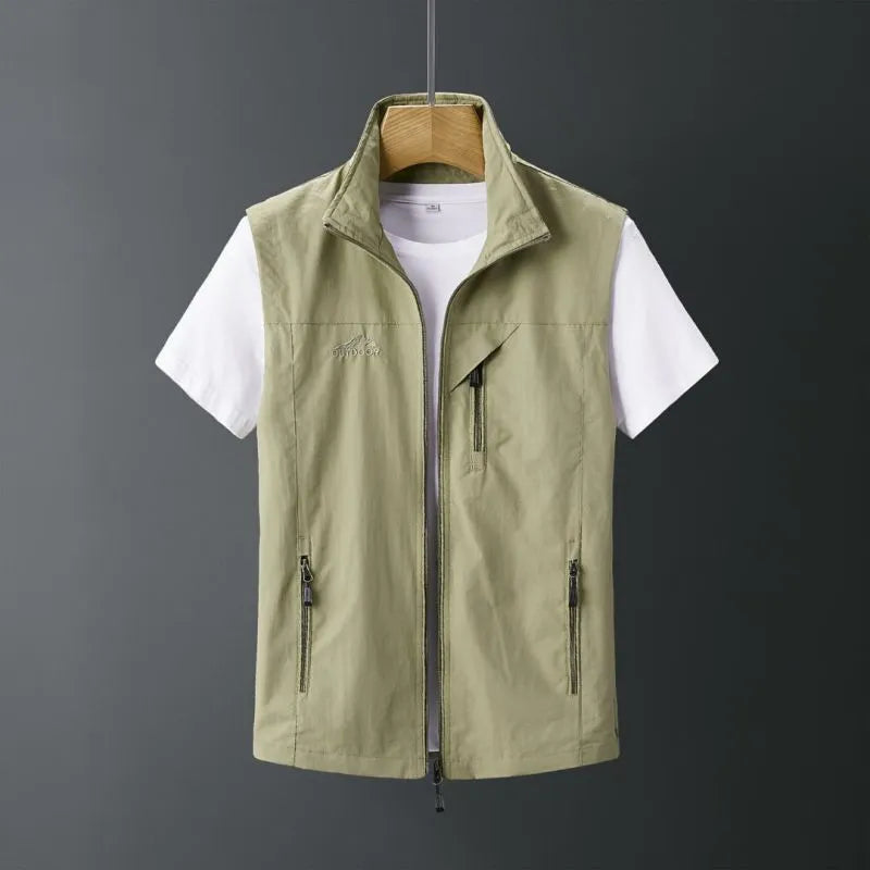 Men's hooded rabbit fur vest waistcoat coat in slim fit shown in army green colour.