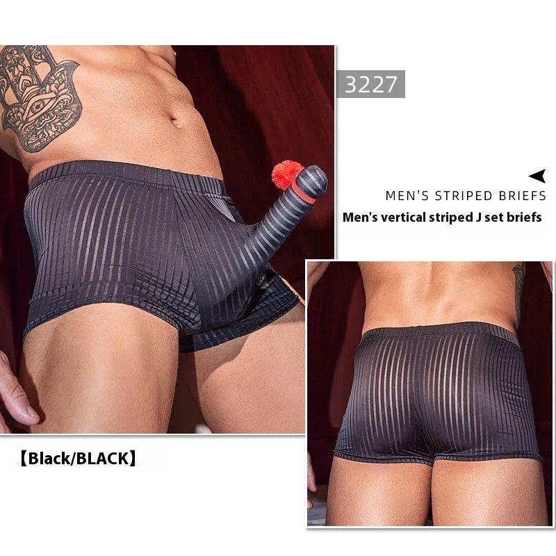 Men's black striped nylon boxer briefs shown flat, highlighting vertical pattern and elastic waistband.
