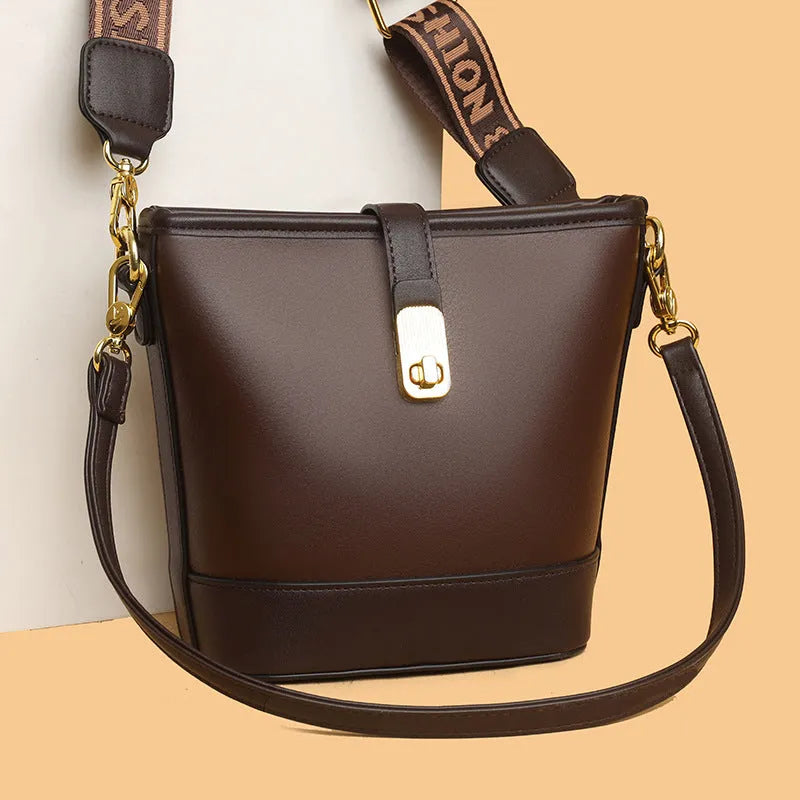 Korean style soft PU leather bucket messenger bag with dual straps in black colour