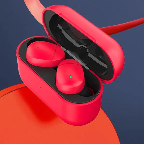 Flame red Qualcomm TWS 3040 true wireless Bluetooth earbuds with charging case.