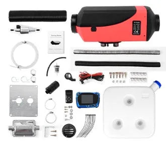 Red and black diesel air heater kit with oil pump, tank, pipes and fittings for truck or camper
