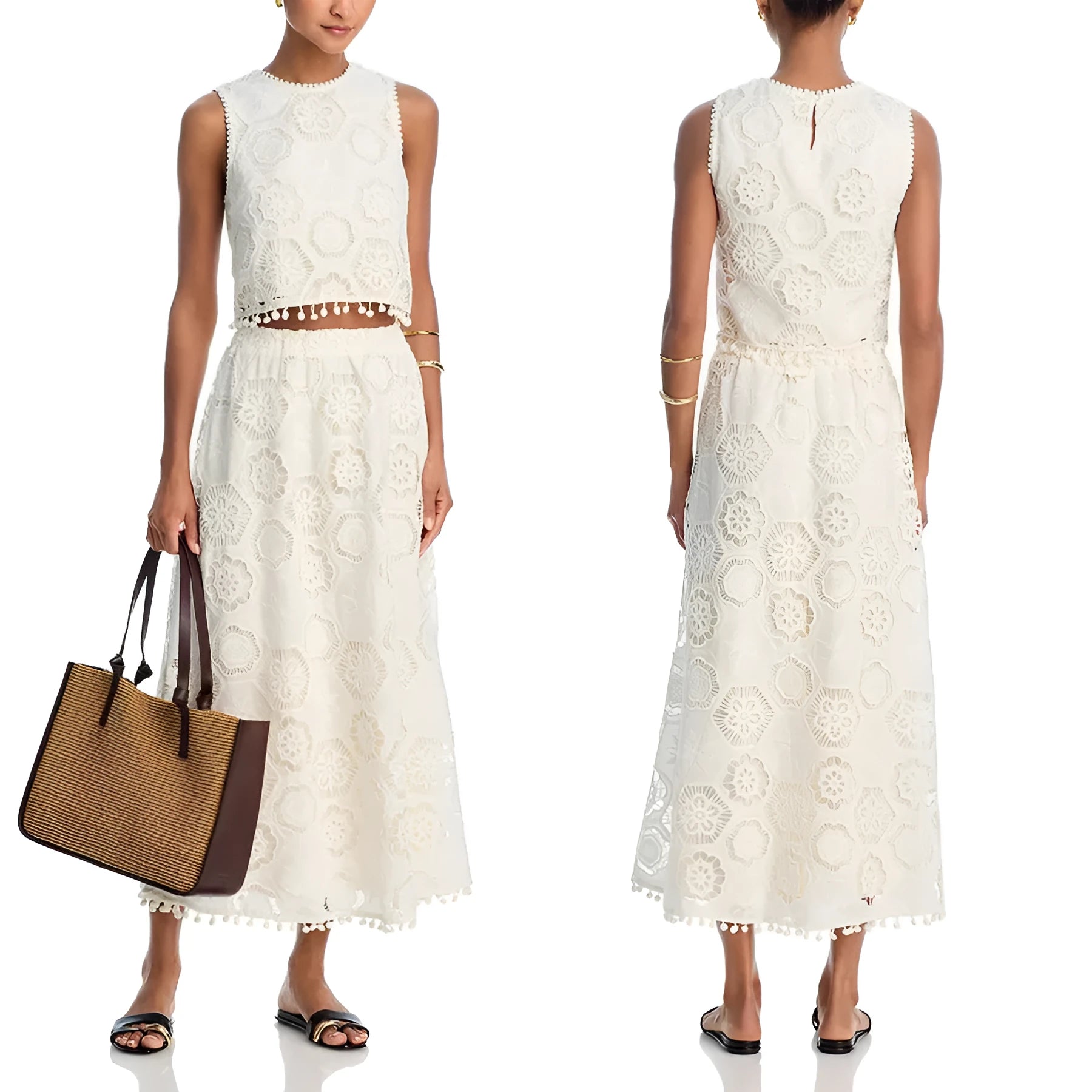 White women's sleeveless top and long skirt suit with retro embroidery design